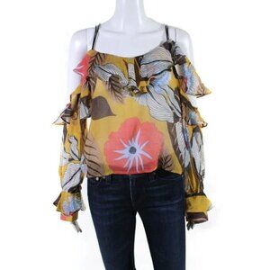 Deco Lux Ruffled Open Shoulder Blouse Yellow Print Size Medium